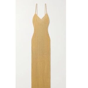 Self-Portrait Gold Bodycon Maxi Dress with Spaghetti Straps and V-Neck